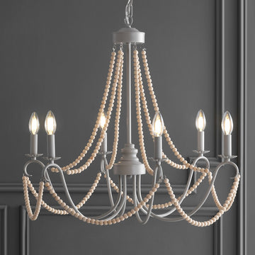 Rustica 27" Adjustable Greige Metal/Wood Bead LED Chandelier - JONATHAN Y